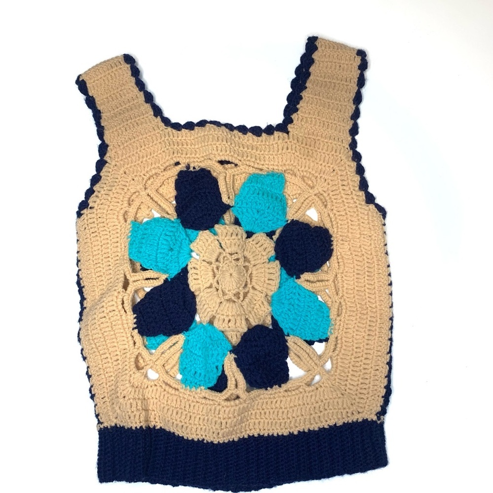 Handmade Crochet Tank Top with Blue and Beige Pattern